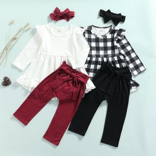 Ma&Baby 1-6Y Christmas Kid Baby Girls Clothes Set Ruffles Long Sleeve Plaid Tops Bow Pants Outfits Xmas Clothing DD43