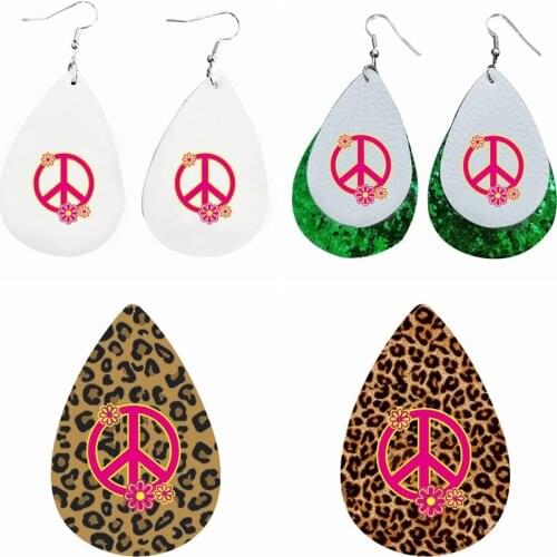 Leopard Print Drop Earrings Peace Sign Leather Earrings Floral Pattern Design