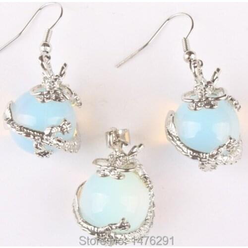 16MM Opalite Opal Round Bead Silvers plating Inlaid Dragon Pendant & Earrings 1 Set