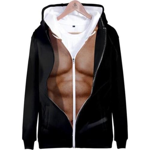 Winter Men Jackets and Coats Funny Muscle 3D Print Zipper Hoodie Casual Fitness Long Sleeve Pullover Zip Hooded Sweatshirt Male