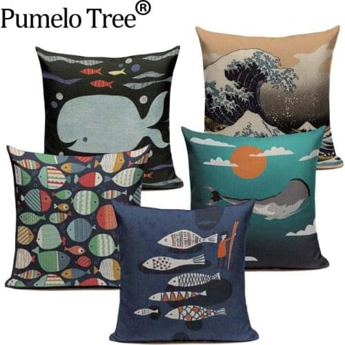 Hot Sale Cotton marine cushions Cartoon Fish And Sea Fundas Cojines 45Cmx45Cm Square Home Decor Houseware 3D Lumbar