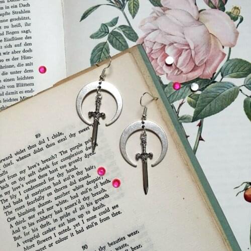 NEW Hecate Moon Sword Earrings Goth Gothic Crescent Moon Witchy Goddess Spooky Dagger