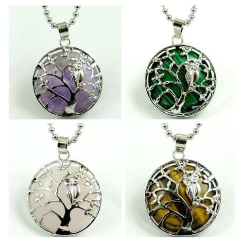 Natuursteen Quartz Crystal tiger eye Zilveren Kleur Vogel Uil op Boom van Leven charm pendant for DIY Jewelry making necklace