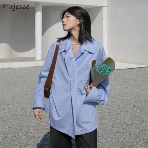 Shirts Women Spring Autumn Simple Fashion Solid Turn Down Collar All-match Lady Streetwear Leisure Loose Korean Style Pockets
