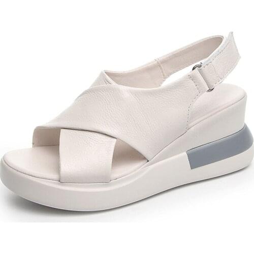 Fashion Ladies Sandals 2021 Summer Cross Genuine Cow Leather Wedges High Heel Casual Sandals for Women Platform Shoes Sandles