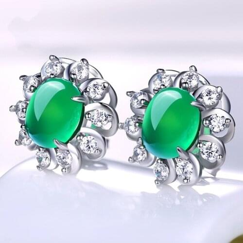 BLACK ANGEL 925 Silver Green Chalcedony Stud Earrings For Women Fashion Luxury Gemstone Zircon Ear Jewelry Christmas Gift