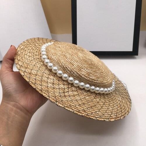 Straw ladies Pearl mesh decoration straw hats retro tide beach sun shade womens summer caps gril fashion elegante wide brim hat