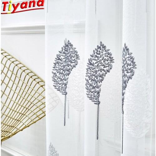 Grey Leaves Embroidered Curtains Tulle For Living Room White Sheer Voile for Kitchen Pastoral Simply Curtains Yarn X-WP306#30