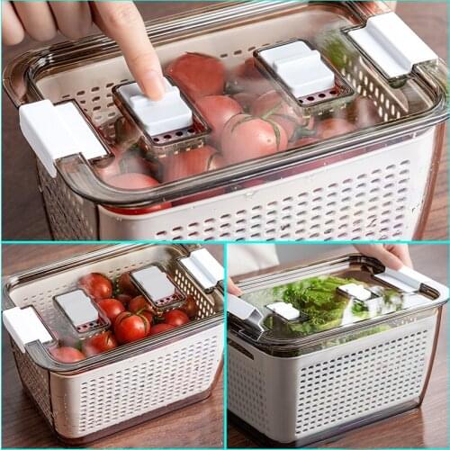 3-in-1 Fridge Drainage Basket w/ Lid Vegetable Fruit PP Food Partitions Storage Box Fresh-keeping Vegetable Fruit Containers Lid