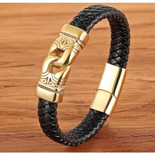 TYO Wholesale Vintage Stainless Steel Gold Charm Bracelet Braided Leather Handmade Bracelets for Men Jewelry 7.5''/8.3''/9.1