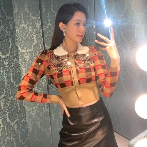 Contrast Color Cropped Cardigan 2020 Designer Cardigan Sweater Women White Lapel Single Breasted Red Plaid Cardigan Sweater Coat