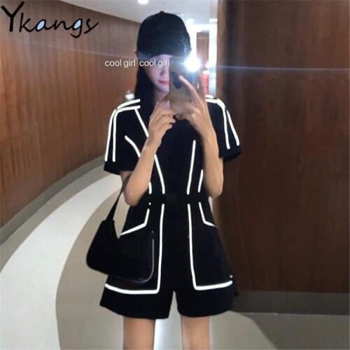 Streetwear Stylish Summer Playsuit Women Sleeve Zipper Pocket Shining Playsuits with Belt Rompers Jumpsuits Combinaison Femme