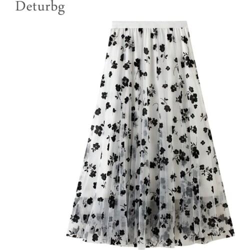 Womens Sweet Floral Flocked Midi Long Tulle Skirt Korean Female High Waist 3 Layer Mesh Pleated Skirts Faldas 2020 Autumn SK566