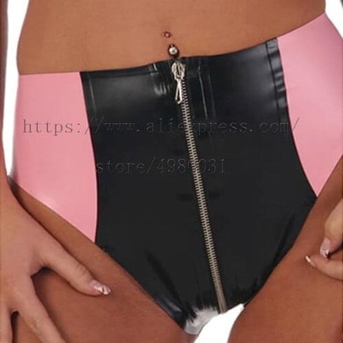 100% handmade womens latex shorts with crotch zipper in black with pink trim colors