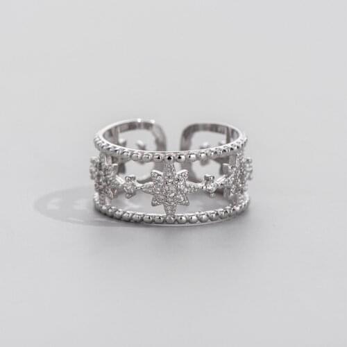 Ring Women Real S925 Sterling Silver Trendy Design Double-deck Hexagram Ring Opening Hollow Stars Jewelry Women Accessories