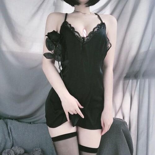 Fashion Sexy Erotic Lace Satin Lingerie See Through Silk-like Sleeping Night Dress Temptation Underwear Sling V-Neck For Women