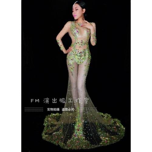 Women Birthday Celebrate Transparent Dress Women See Through dresses Rhinestones Long Tail Dress Prom Mesh Stretch Outfit