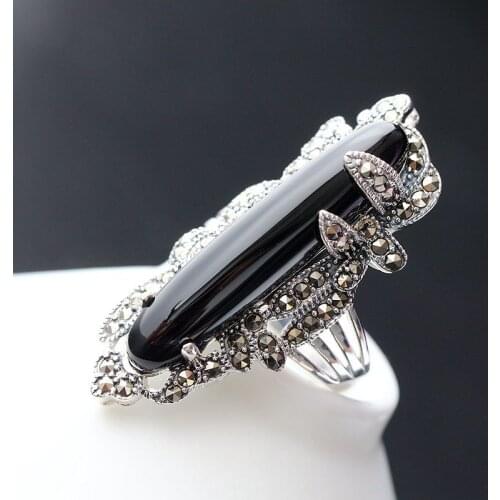 Pavilion silver With natural black width index 925 sterling silver women to quit Vintage silver ring