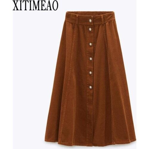 ZA Winter New Leisure Style Fashion High Waist Women Corduroy Skirt Button Decoration A-line Long Skirt XITIMEAO