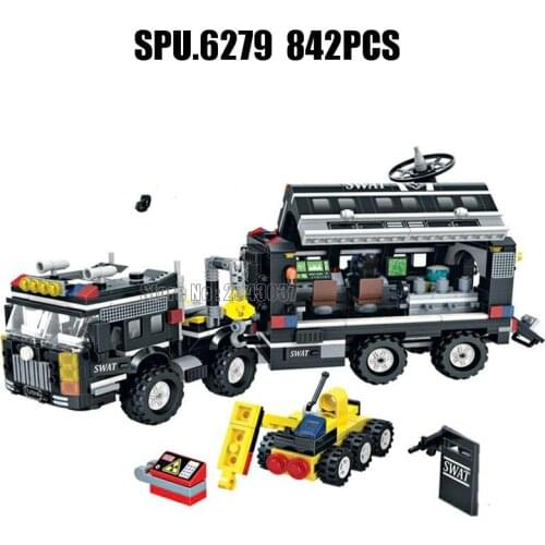 7019 842pcs Urban Police Swat Weapon Mobile Command Car 4 Building Block Toy