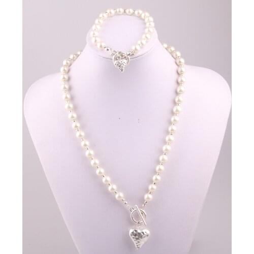 8mm Cream Glass Pearl with 20mm puff hammered heart pendant necklace bracelet set