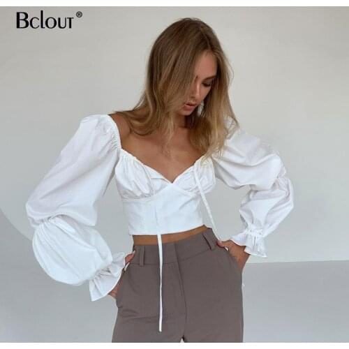 Bclout White Lace-Up Slim Elegant Blouse Summer Puff Sleeve Sexy Crop Top Women 2021 Square Collar Hollow Out Shirts Office Lady