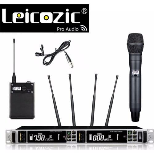 Leicozic UHF Wireless Microphone & Receiver System 615-820Mhz lavalier + handheld microfone prfessional for stage church ATX118D