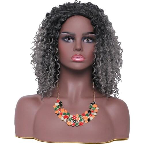 BESTUNG Medium Kinky Curly Afro Wigs for Black Women Synthetic Fluffy Grey with Dark Roots Ombre Black Full Wig