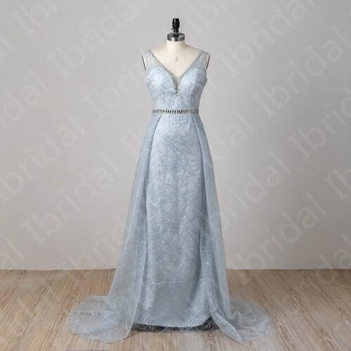 Latest On Sale Sparkling Lace Prom Party Dresses Blue Sleeveless V Neckline Beading Wedding Guest Gowns Back Out Sweep Train