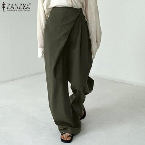 ZANZEA 2021 Elastic Waist Wide Leg Long Pants Femme Summer Casual Pantalon Women Solid Vintage Baggy Streetwear Trouser Oversize