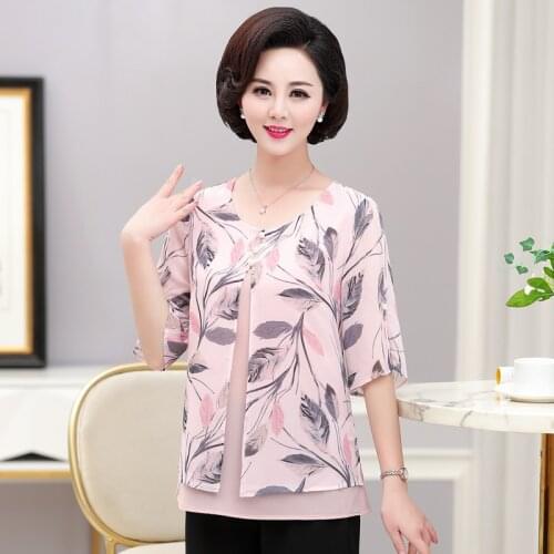 Fake Two Pieces Elegant Women Chiffon T-Shirt 2020 Summer O-Neck Plus Size Middle Age Mother Clothes Half Sleeve Tops Pullover