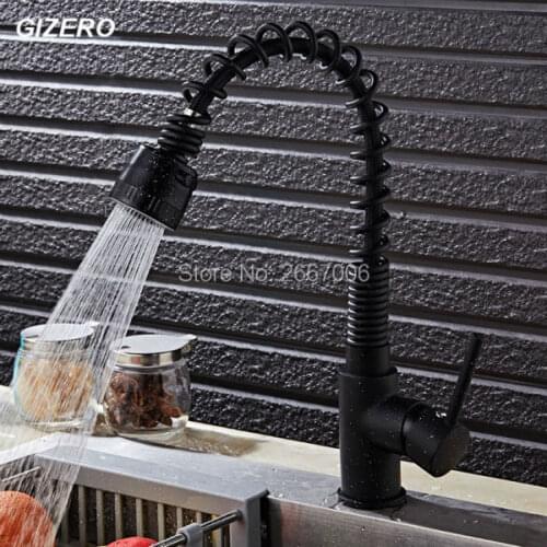 GIZERO Free shipping Deck Mounted Pull Down Spring Kitchen Faucet Hot Cold Black Paint With White Dots Brass Mixer Taps GI2062