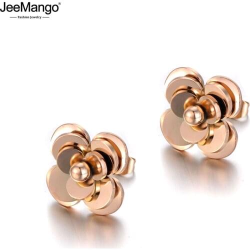 JeeMango Trendy Office Style Stainless Steel Love Rose Flower Earrings For Women CZ Crystal Romantic Earrings Jewelry JE19278