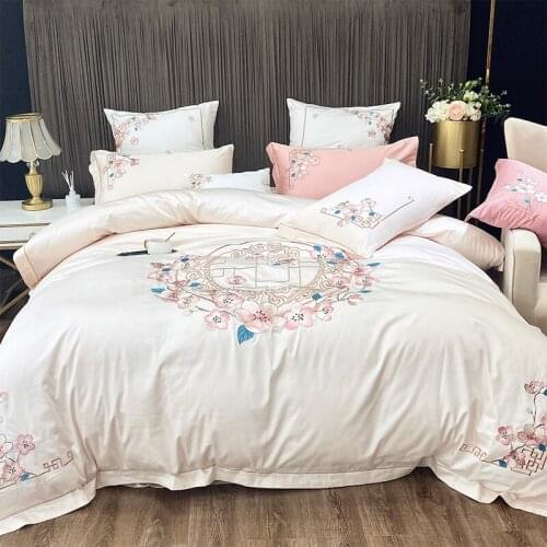 Elegant Embroidery Bedding Sets Duvet Cover Flat Sheet 600TC Egyptian Cotton Linen 4pcs