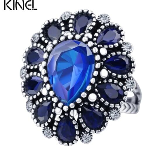 Fashion Blue Crystal Flower Rings For Women Tibetan Silver Vintage Big Wedding Ring Bohemia Jewelry