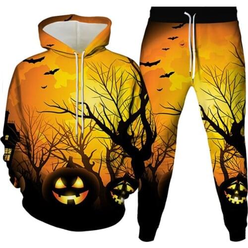 Halloween Pumpkin Lantern Bat Skull Print Men Tracksuit Hoodie Trousers 2pcs Sets Clothes Male Punk Hip Hop Suit Plus Size S-6XL