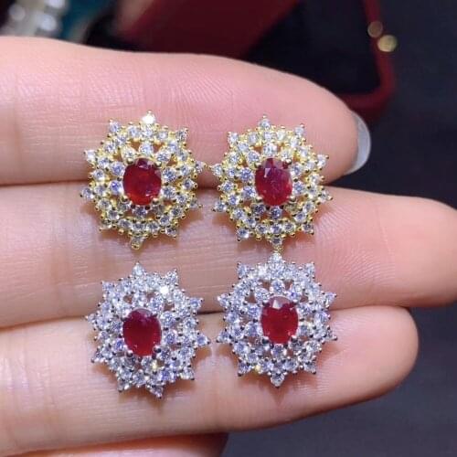 Natural red ruby gem stud earrings Natural gemstone earrings Elegant round Sun flower S925 silver girl women party gift jewelry