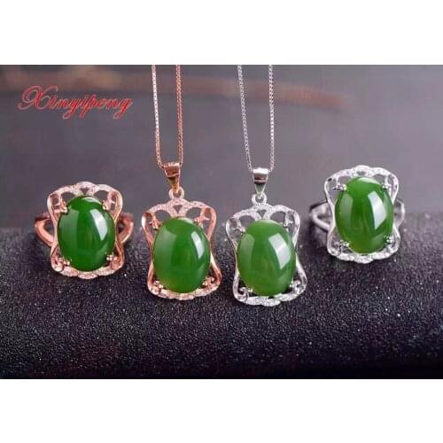 Natural jade suit jewelry 925 Sterling silver Female ring necklace pendant Fashion jewelry