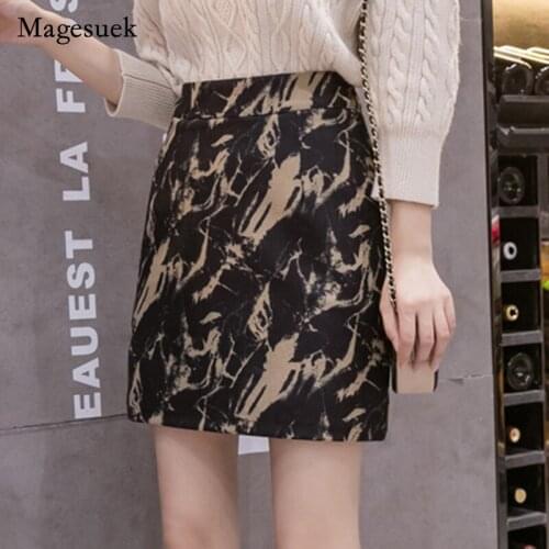 New Autumn Korean Mini Skirt Women Ink Printed Vintage A-Line High Waist Short Skirt Plus Size Casual Winter Skirts Women 12665
