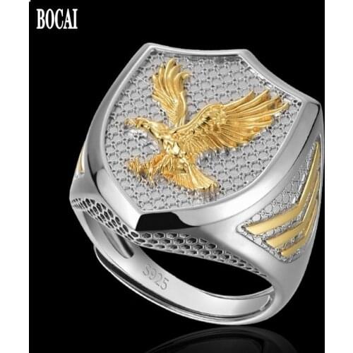 BOCAI 2020 New Fashion New Boy Ring Eagle Head Korean Personality Hip-Hop Tide Meet Single 925 real Silver Gold Plated Men Rings