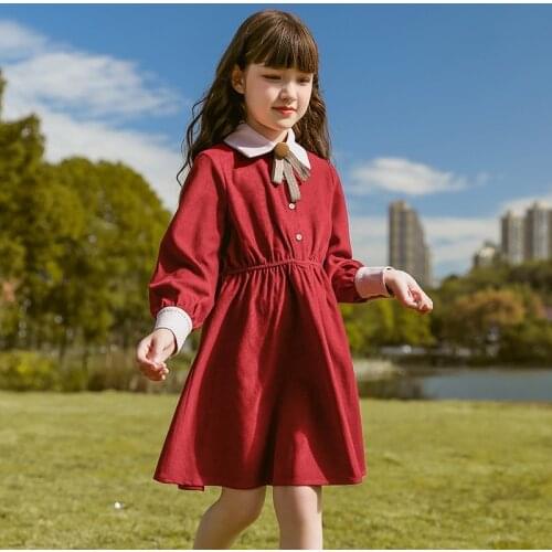 2020 New Spring Dress For 5 to 14 Years Girls Candy Color Turn Down Collar Mid Length Gowns Kids Butterfly Button Party Dresses