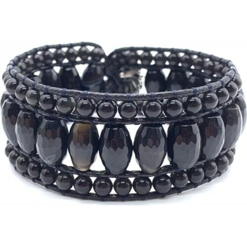 Black Onyx Vegan Wax 3 Rows Wrap Bracelets Middle Faceted Oval Round Beads Handmade Braided Cuff Bracelets Bangles for Women Men