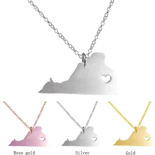 SUTEYI Stainless Steel USA Virginia State Necklace Creative Hollow Heart Map Pendant Necklaces Chokers For Women Men Gift