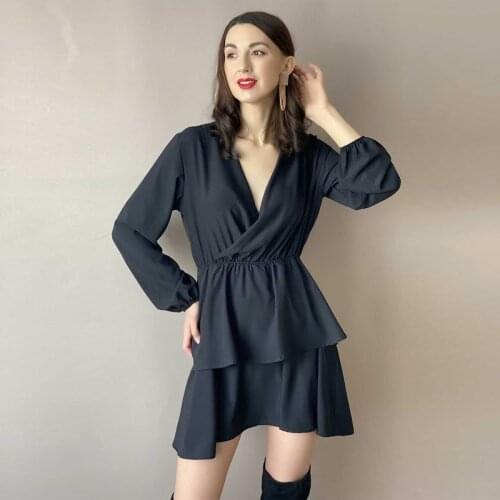 Sexy Black V-Neck Mini Dress Lantern Sleeve Double Layer A-Line High Waist Women Dress Fashion Party Charming 2021 New Arriving