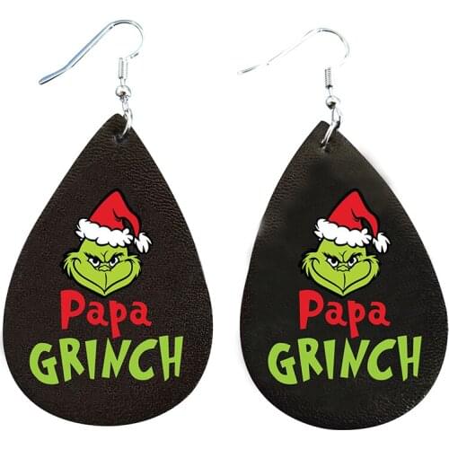 Christmas Papa Grinch Santa Earrings Black Red Buffalo Plaid Pattern Leaf Faux Leather