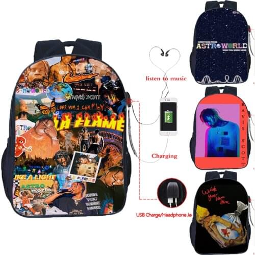 Travis Scotts ASTROWORLD USB Backpack WISH YOU WERE HERE Print School Bag Men USB Charge Travel Rucksack Teenager Anime Bookbag