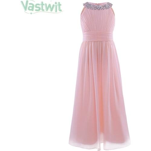 Teens Rhinestone Flower Girl Dress Elegant Princess Pageant Wedding Ceremony Bridesmaid Birthday Party Long Tulle Chiffon Dress