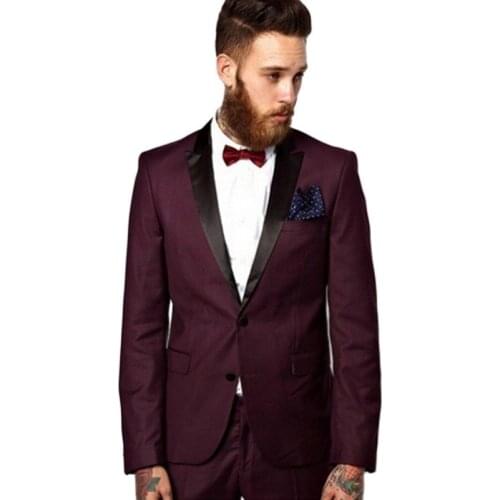 Two Buttons Burgundy Groom Tuxedos Peak Lapel Groomsmen Best Man Mens Wedding Suit (Jacket+Pants+Tie) W:398