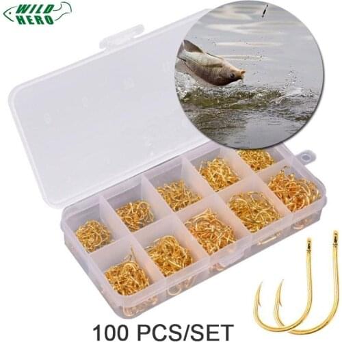 Wildhero 100Pcs/Box High Carbon Steel Gold/Silver Carp Fishing Bait 10 Mixed Sizes 3#-12# Sharpened Ultrapoint Fishing Hook Set