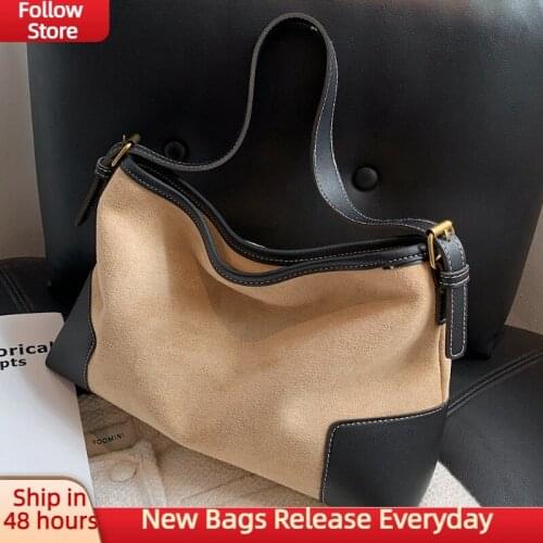 Suede Shoulder Bag For Women 2021 Patchwork Zipper Medium Crossbody Bag PU Leather Handbags Hobos Fashion High Quality Handbag